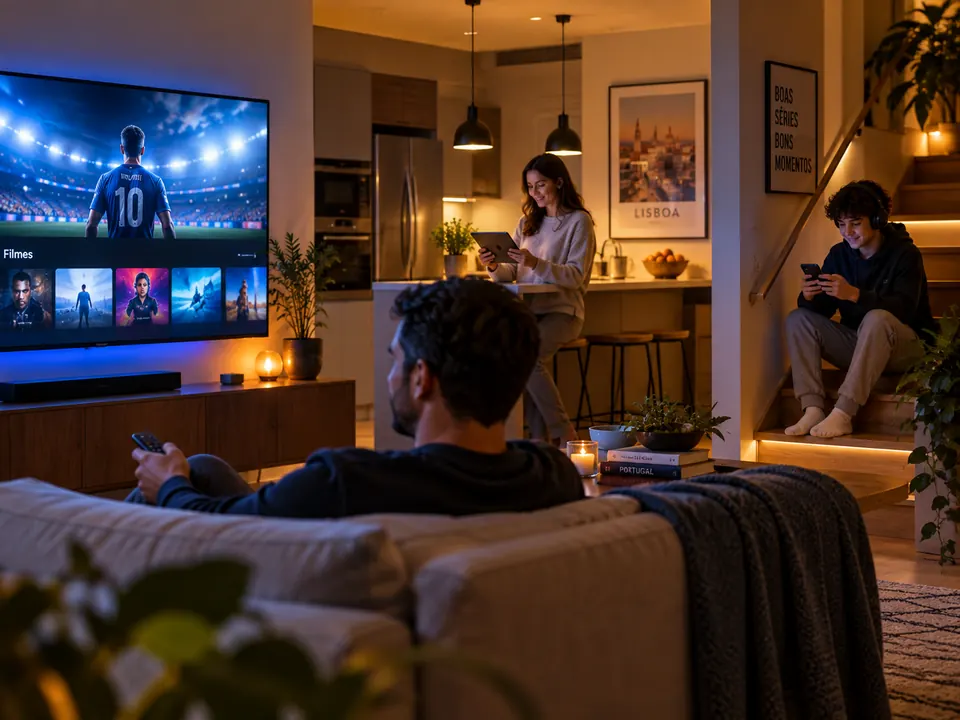 Família a ver IPTV na televisão, no tablet e no telemóvel